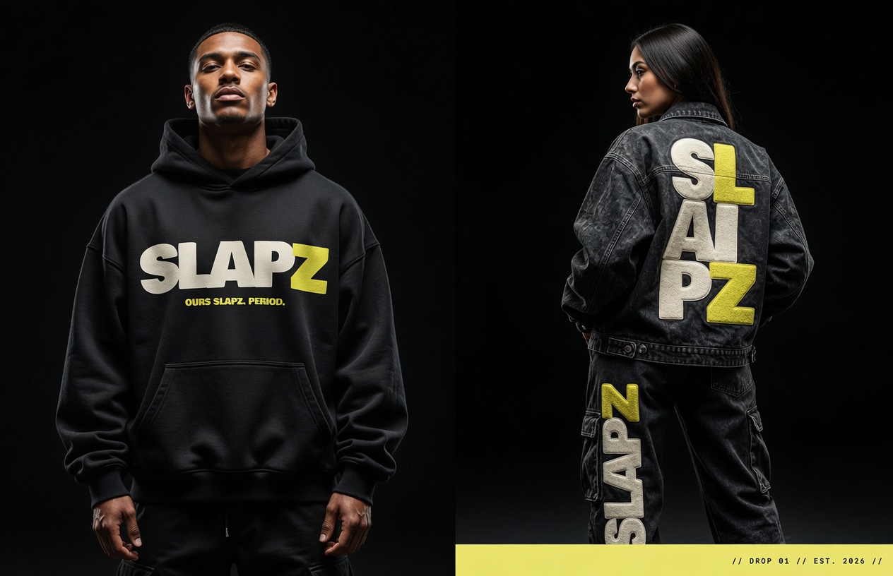 SLAPZ editorial lookbook: hoodie front, varsity denim back.