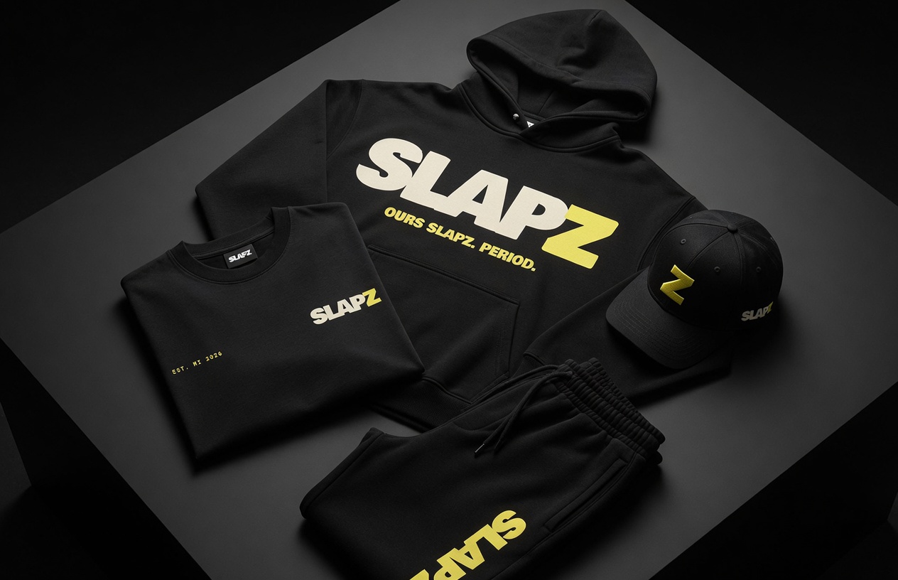 SLAPZ apparel flat-lay: hoodie, tee, flatbill cap, sweatpants.