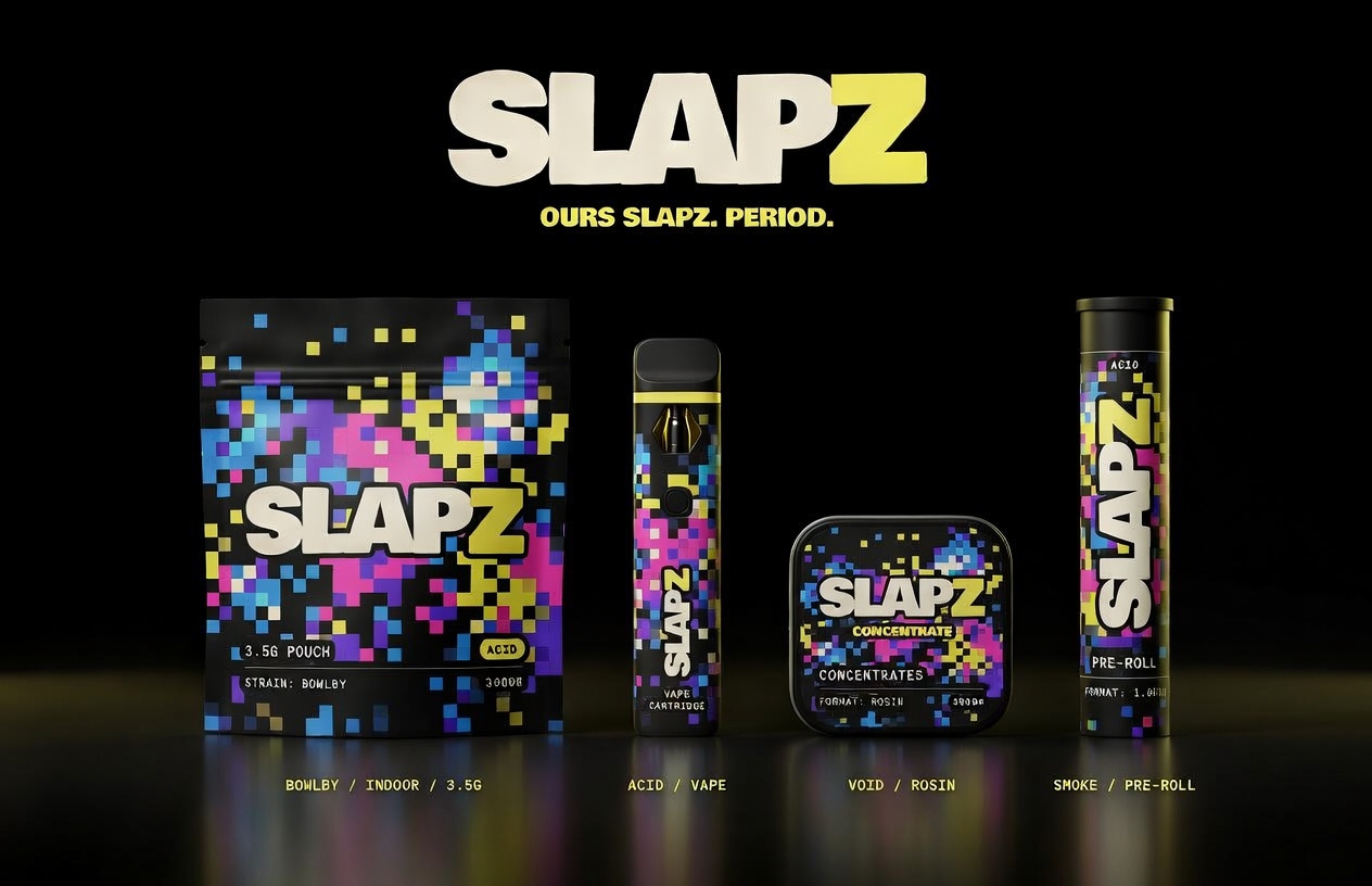 SLAPZ packaging lineup: 3.5g pouch, vape cartridge, rosin tin, pre-roll tube.