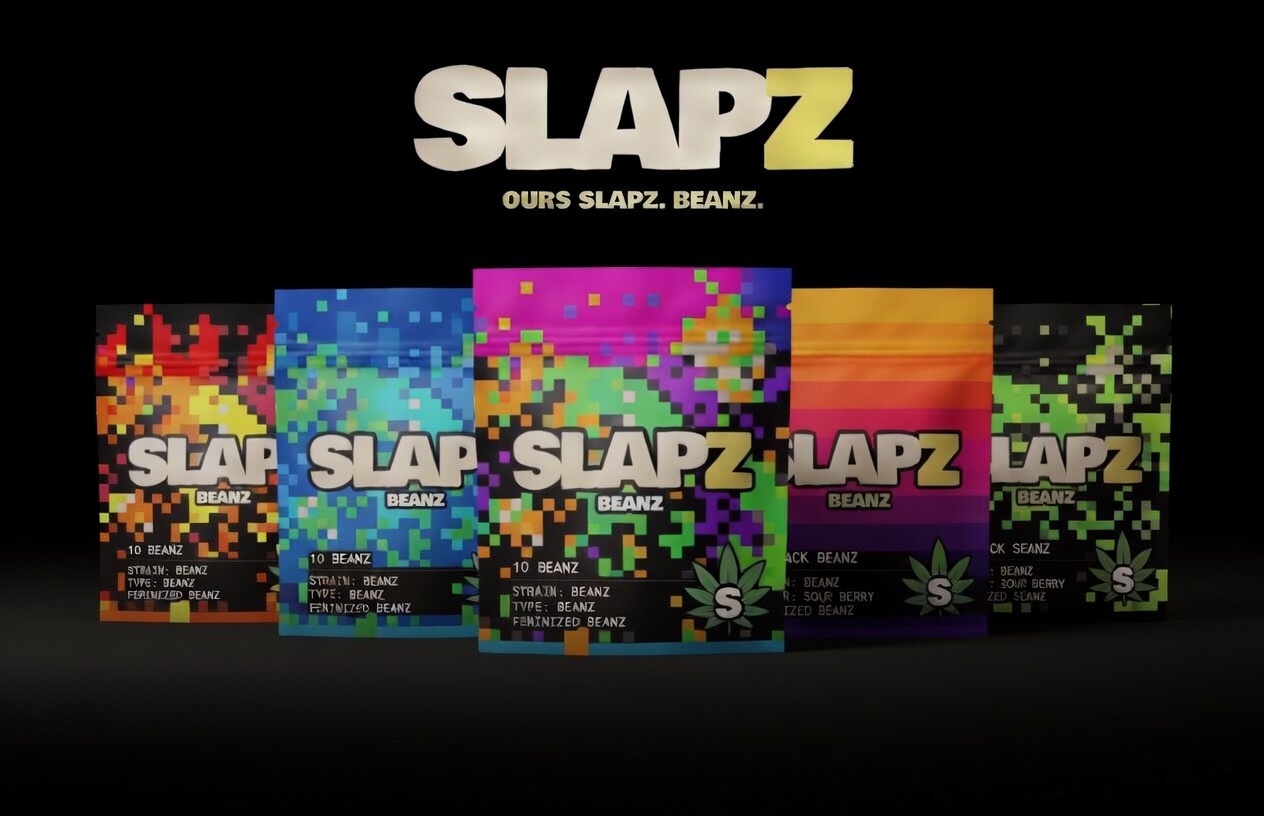 SLAPZ BEANZ lineup — five pixel-art seed packs in lava, ice, magenta, sunset, and emerald colorways.